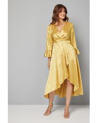 Wallis - Satin Jacquard Wrap Ruffle Dress - Lyst