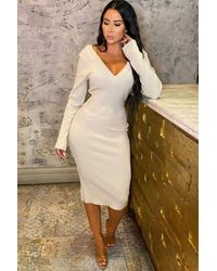 Femme Luxe - Ribbed V Neck Midi Jumper Dress - Lyst
