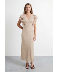 Warehouse - Petite Polka Dot Print Ruffled Sleeve V Neck Maxi Dress - Lyst