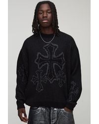 BoohooMAN - Oversized Boxy Fluffy Cross Jacquard Knitted Sweater - Lyst