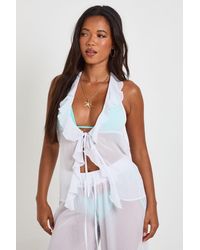 Boohoo - Ruffle Detail Halter Neck Tie Front Beach Top - Lyst