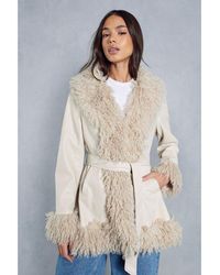 MissPap - Leather Look Monglian Faux Fur Trim Belted Coat - Lyst