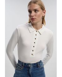 Karen Millen - Viscose Rib Jersey Long Sleeve Collared Button Top - Lyst