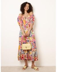 Blue Vanilla - Postcard Tie Front Bardot Shirred Midi Dress - Lyst