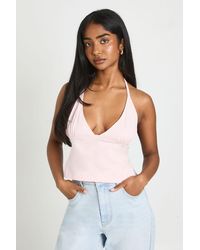 Boohoo - Soft Cotton Hook And Eye Backless Halterneck Top - Lyst