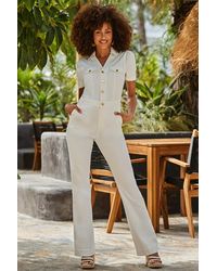 Sosandar - Ivory Denim Pocket Front Jumpsuit With Buttons - Lyst