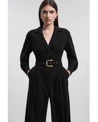 Karen Millen - Petite Tailored Crepe Belted Wide Leg Jumpsuit - Lyst
