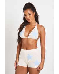 Boohoo - Starfish Applique Crochet Knit Bikini And Micro Short Co-Ord - Lyst