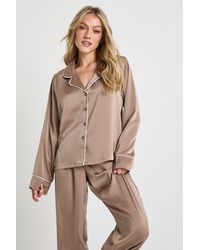 Boohoo - Petite Satin Piping Detail Long Sleeve Shirt & Pants Pyjama Set - Lyst