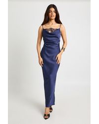Boohoo - Satin Lace Cowl Neck Maxi Slip Dress - Lyst