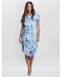 Gina Bacconi - Rosanna Printed Tiered Dress With Shoulder Embellishment - Lyst
