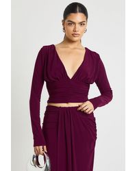 Boohoo - Double Layer Slinky Plunge Front Ruched Long Sleeve Top - Lyst