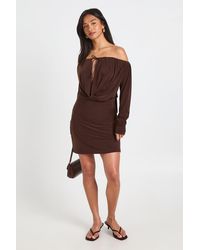 Boohoo - Petite Slinky Bardot Drape Front Bodycon Dress - Lyst