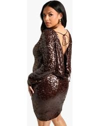 Boohoo - Plus Sequin Cowl Back Long Sleeve Mini Dress - Lyst