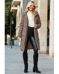 Sosandar - Taupe Longline Padded Coat With Belt - Lyst