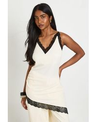 Boohoo - Crinkle Lace Trim Long Line Asymetric Cami Top - Lyst
