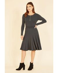 Yumi' - Grey Knitted Pleated Skater Dress With Zip Viscose - Lyst