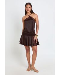 Boohoo - Satin & Lace Drop Hem Mini Dress - Lyst