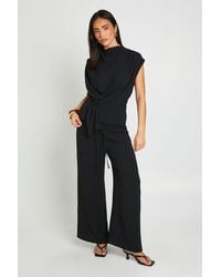 Boohoo - Petite Hammered Knot Front Cowl Neck Blouse Wide Leg Trouser Co-Ord - Lyst
