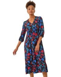 Roman - Floral Print Lace Trim Midi Dress - Lyst