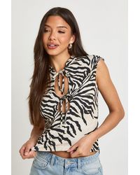Boohoo - Zebra Print Tie Key Hole High Neck Top - Lyst