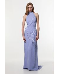 Karen Millen - Petite Applique And Lace Georgette Woven Halter Maxi Dress - Lyst