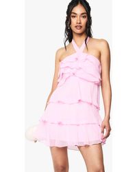 Boohoo - Halterneck Tie Ruffled Tiered Mini Dress - Lyst