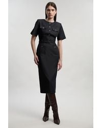 Karen Millen - Tailored Denim Belted Midi Dress - Lyst