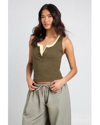Boohoo - Ribbed Contrast Henley Button Vest Top - Lyst