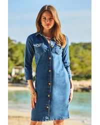 Sosandar - Mid Denim Button Front Shift Dress Cotton - Lyst