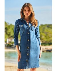 Sosandar - Mid Denim Button Front Shift Dress Cotton - Lyst