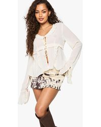 Boohoo - Chiffon Ruffle Tie Front Blouse - Lyst