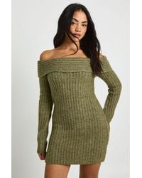 Boohoo - Chunky Knit Bardot Mini Dress - Lyst