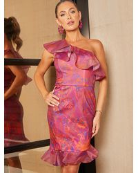 Chi Chi London - One Shoulder Ruffle Floral Bodycon Mini Dress - Lyst