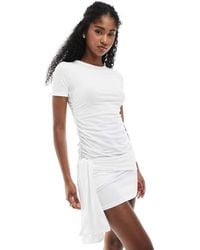 Monki - Short Sleeve Ruched Mini Dress With Drape Detail - Lyst