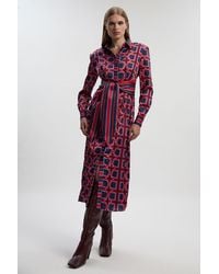 Karen Millen - Geo Print Hammered Satin Tie Waist Woven Midi Dress - Lyst