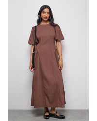 Warehouse - Seersucker Organza Godet Side Puff Sleeve Midi Dress - Lyst