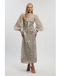 Karen Millen - Petite Crystal Embellished Organdie Balloon Sleeve Midi Dress - Lyst