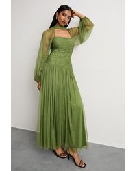 Warehouse - Bow Detail Gathered Tulle Maxi Dress With Open Neck - Lyst