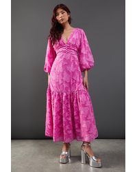 Warehouse - Burnout Chiffon Plunge Neck Ruched Bodice Peplum Midi Dress - Lyst