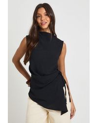 Boohoo - Hammered High Cowl Tie Side Drape Blouse - Lyst