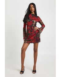 Boohoo - Mixed Printed Mesh Flare Sleeve Mini Dress - Lyst