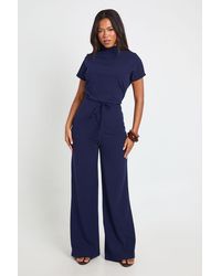 Boohoo - Crepe Grown On Neck Drawstring Waistband Wide Leg Jumpsuit - Lyst