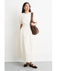 Warehouse - Textured Godet Side Puff Sleeve Midi Dress - Lyst