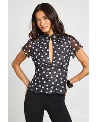 Boohoo - Polka Dot Mesh High Neck Keyhole Top - Lyst