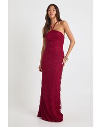 Boohoo - Lace Halter Neck Maxi Column Dress - Lyst
