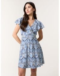 Blue Vanilla - Printed Frill Sleeve Wrap Front Belted Waist Dress - Lyst