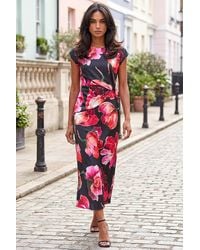Roman - Floral Printed Wrap Detail Midi Dress - Lyst