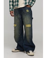 BoohooMAN - Wide Leg Washed Ripped Carpenter Rigid Denim Jeans - Lyst