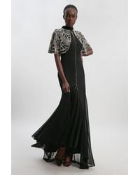 Karen Millen - Crystal Embellished Cutwork Cape Detail Woven Maxi Dress - Lyst